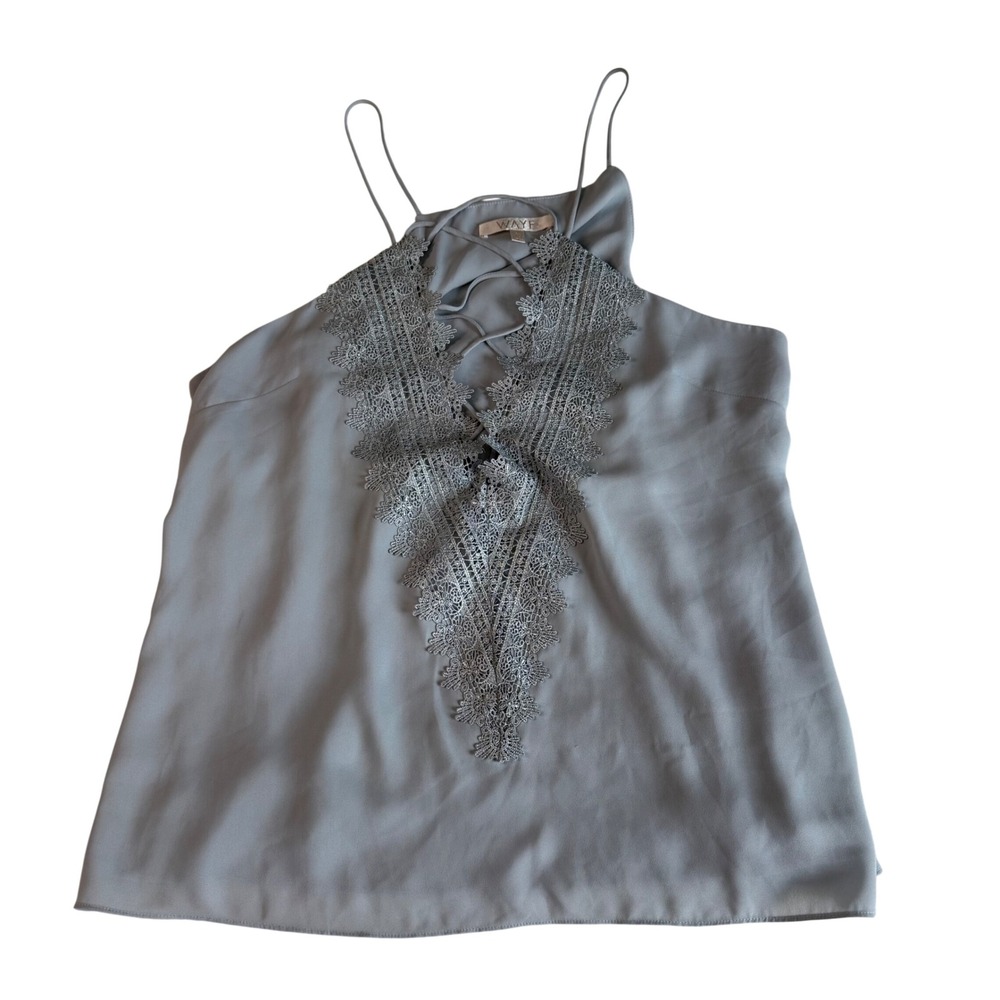 WAYF Womens XL Dusty Blue Lace Up V-Neck Lace Trim Halter Cami Top 7787WCH-D93